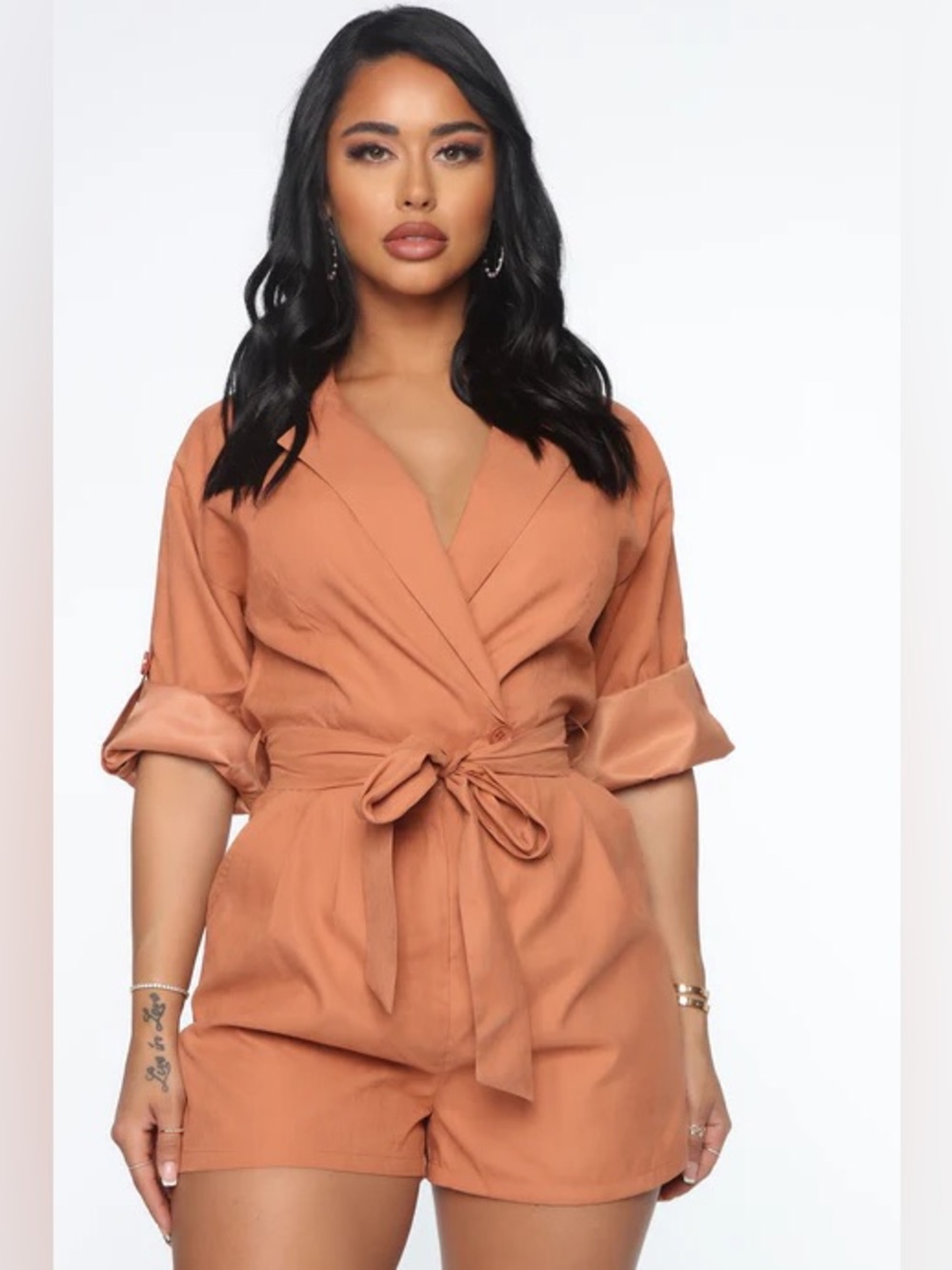 NWT Fashion Nova "Definitely Maybe" V-Neck Waist Belt Tie Romper Rust XS